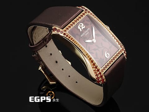 PATEK PHILIPPE 百達翡麗 PP Gondolo Serata 4962/200R 18K玫瑰金材質 花卉圖案棕色漆面錶盤 原廠鑲嵌94顆漸層錳鋁榴石（2.02克拉）錶圈 2025年保單 新錶參考訂價：1,351,000元  石英機芯 28.6 x 40.85 mm