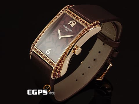 PATEK PHILIPPE 百達翡麗 PP Gondolo Serata 4962/200R 18K玫瑰金材質 花卉圖案棕色漆面錶盤 原廠鑲嵌94顆漸層錳鋁榴石（2.02克拉）錶圈 2025年保單 新錶參考訂價：1,351,000元  石英機芯 28.6 x 40.85 mm