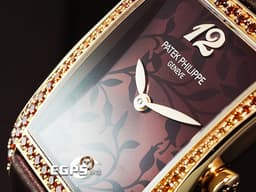 PATEK PHILIPPE 百達翡麗 PP Gondolo Serata 4962/200R 18K玫瑰金材質 <font color="#D2691E">花卉圖案棕色漆面錶盤</font> <font color="#ffa32a">原廠鑲嵌94顆漸層錳鋁榴石（2.02克拉）錶圈</font> <font color="#FF0000">2025年保單 新錶參考訂價：1,351,000元 </font> 石英機芯 28.6 x 40.85 mm