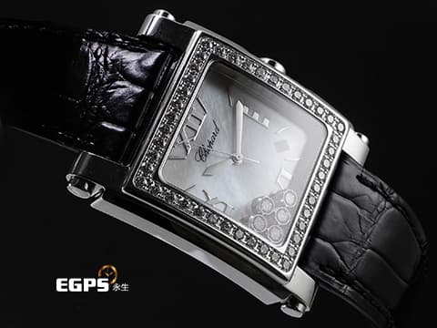 CHOPARD 蕭邦 Happy Sport Square 快樂鑽 方形 28/8448-20 不鏽鋼材質 原鑲鑲嵌44顆鑽石（1.76克拉）錶圈 白色貝母面盤 5顆快樂跑鑽（0.5克拉） 石英機芯 35.5mm