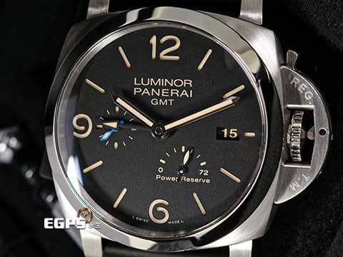 PANERAI 沛納海 Luminor 1950 3 Days GMT Power Reserve PAM01321 經典三明治面盤 淡褐色夜光時標 菸草面 藍色小秒針 PAM1321 三日鍊 GMT 兩地時間 動能儲存顯示  2020年保單 自動上鍊  44mm