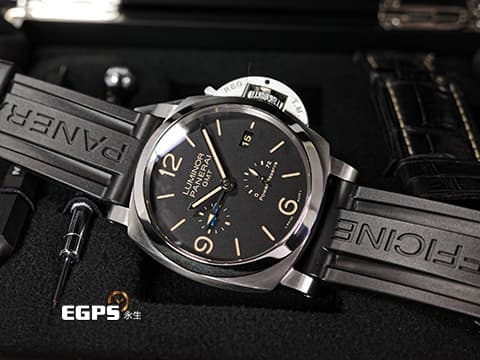 PANERAI 沛納海 Luminor 1950 3 Days GMT Power Reserve PAM01321 經典三明治面盤 淡褐色夜光時標 菸草面 藍色小秒針 PAM1321 三日鍊 GMT 兩地時間 動能儲存顯示  2020年保單 自動上鍊  44mm