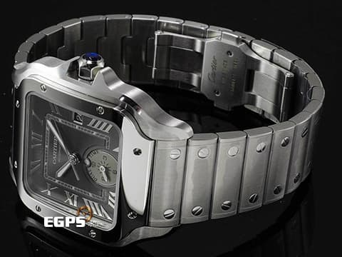 CARTIER 卡地亞 Santos de Cartier 山度士 WSSA0076 大型款 GMT 兩地時區 第二時區晝夜顯示 煤炭灰色陽光射線紋飾霧面錶盤 2025年保卡 快拆鏈結系統  自動上鍊 40.2mm
