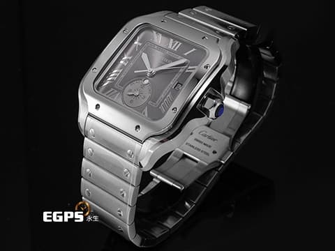 CARTIER 卡地亞 Santos de Cartier 山度士 WSSA0076 大型款 GMT 兩地時區 第二時區晝夜顯示 煤炭灰色陽光射線紋飾霧面錶盤 2025年保卡 快拆鏈結系統  自動上鍊 40.2mm