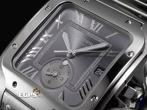 CARTIER 卡地亞 Santos de Cartier 山度士 WSSA0076 大型款 GMT 兩地時區 第二時區晝夜顯示 煤炭灰色陽光射線紋飾霧面錶盤 2025年保卡 快拆鏈結系統  自動上鍊 40.2mm