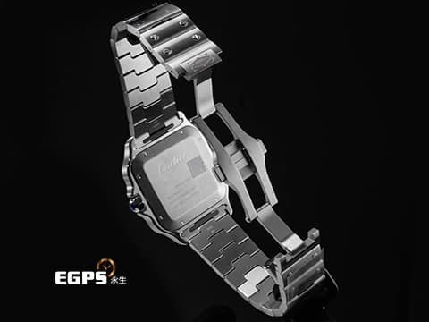 CARTIER 卡地亞 Santos de Cartier 山度士 WSSA0076 大型款 GMT 兩地時區 第二時區晝夜顯示 煤炭灰色陽光射線紋飾霧面錶盤 2025年保卡 快拆鏈結系統  自動上鍊 40.2mm