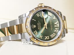ROLEX 勞力士 Datejust 278343 鑲鑽橄欖綠色錶面盤  黃Ｋ半金 <font color=#FF0000>原廠雪花鑲鑽錶圈、鑲鑽橄欖綠色錶面 VI鑲鑽時標，2024年新式保卡</font> 自動上鍊 31mm