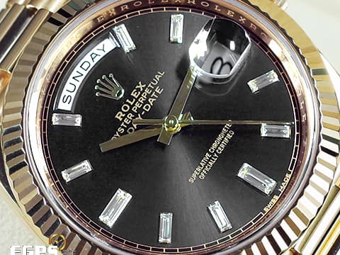 ROLEX 勞力士 Day-Date 228238 黃K金材質 蠔式 DD40 2025年新式保卡 黑冰糖 原鑲梯鑽時標黑色面盤 自動上鍊 40mm