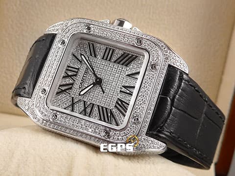 CARTIER 卡地亞 Santos 100 山度士 大型 經典 不鏽鋼材質   精鑲滿天星鑽石面盤、鑲鑽錶圈 精鑲錶冠  自動上鍊 41mm