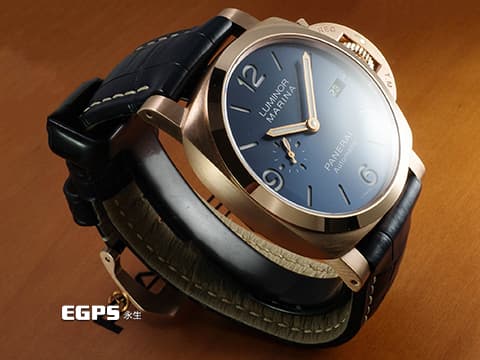 PANERAI 沛納海 Luminor Marina Goldtech Sole Blu PAM1112 藍色經典三明治面盤 Goldtech金材質 玫瑰金 PAM01112 三日鍊 小秒針&nbsp;2022年保單&nbsp;自動上鍊 44mm