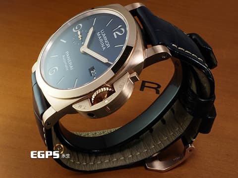 PANERAI 沛納海 Luminor Marina Goldtech Sole Blu PAM1112 藍色經典三明治面盤 Goldtech金材質 玫瑰金 PAM01112 三日鍊 小秒針&nbsp;2022年保單&nbsp;自動上鍊 44mm