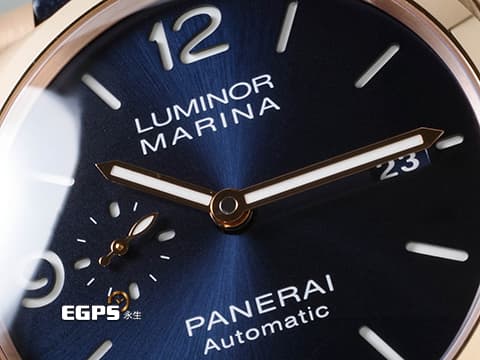 PANERAI 沛納海 Luminor Marina Goldtech Sole Blu PAM1112 藍色經典三明治面盤 Goldtech金材質 玫瑰金 PAM01112 三日鍊 小秒針&nbsp;2022年保單&nbsp;自動上鍊 44mm
