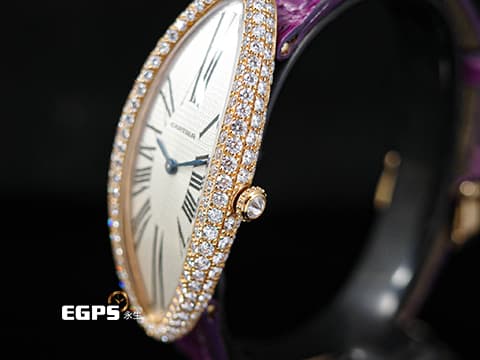 Cartier 卡地亞 Baignoire Allongee 2606 經典 大眼睛 精鑲絕美鑽圈、鑽石錶冠 長型 鵝蛋 玫瑰金材質 石英腕錶 21 x 47 mm