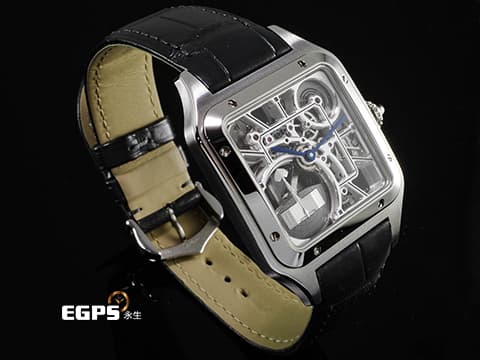 CARTIER 卡地亞 Santos-Dumont Micro-Rotor Skeleton 山度士 杜蒙特 微型擺陀鏤空腕錶 WHSA0032 鏤空面盤 前置飛機造型微型自動盤 大型款 經典 不鏽鋼材質 2024年保卡 自動上鍊 31 x 43.5mm