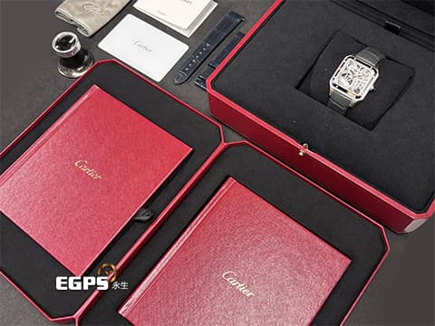 CARTIER 卡地亞 Santos-Dumont Micro-Rotor Skeleton 山度士 杜蒙特 微型擺陀鏤空腕錶 WHSA0032 鏤空面盤 前置飛機造型微型自動盤 大型款 經典 不鏽鋼材質 2024年保卡 自動上鍊 31 x 43.5mm