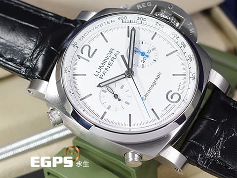 PANERAI 沛納海 Luminor Chrono PAM1218 計時碼表 白色三明治夜光面盤 PAM01218 藍色小秒針 不鏽鋼 2025年保單 自動上鍊 44mm