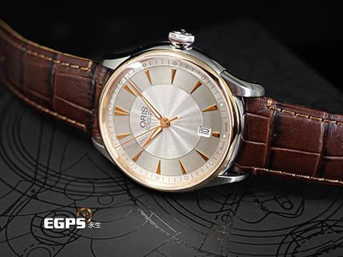 ORIS 豪利時 Artelier Date 藝術家 7591 銀灰色雕紋面盤 不鏽鋼 18K玫瑰金錶圈 0173375916351 大三針 2025年保卡 自動上鍊 40mm
