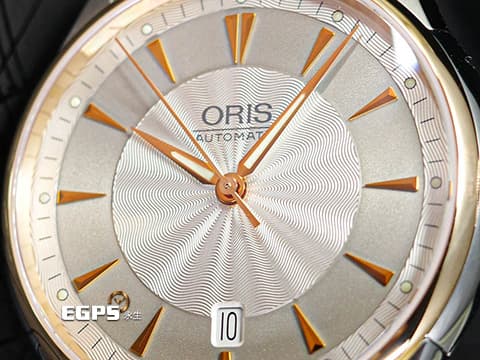 ORIS 豪利時 Artelier Date 藝術家 7591 銀灰色雕紋面盤 不鏽鋼 18K玫瑰金錶圈 0173375916351 大三針 2025年保卡 自動上鍊 40mm