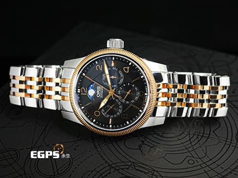ORIS 豪利時 Big Crown Complication 大錶冠系列 7627-43 複雜功能 0158276274364 玫瑰金PVD塗層不鏽鋼 半金款 月相盈虧 星期日期 兩地時間 2025年保卡 自動上鍊 40mm