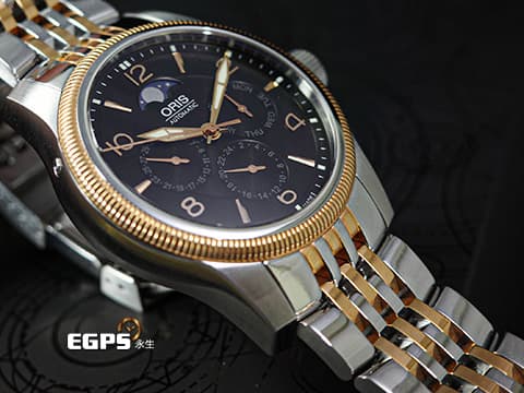 ORIS 豪利時 Big Crown Complication 大錶冠系列 7627-43 複雜功能 0158276274364 玫瑰金PVD塗層不鏽鋼 半金款 月相盈虧 星期日期 兩地時間 2025年保卡 自動上鍊 40mm