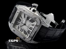 CARTIER 卡地亞 Santos 100 de Cartier 山度士 大型 經典 不鏽鋼 大三針&nbsp;<font color="#ff0000">精鑲鑽石</font> 自動上鍊 41mm