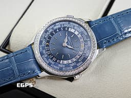Patek philippe 百達翡麗 PP錶 Complications 複雜功能時計 World Time 世界時區 7130G-016  <font color=#70cce1>原鑲鑽圈 灰藍色中央雕紋面盤</font> 18K白金材質 7130 G <font color=#FF0000>2025年3月保單</font> 自動上鍊 36mm