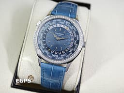 Patek philippe 百達翡麗 PP錶 Complications 複雜功能時計 World Time 世界時區 7130G-016  <font color=#70cce1>原鑲鑽圈 灰藍色中央雕紋面盤</font> 18K白金材質 7130 G <font color=#FF0000>2025年3月保單</font> 自動上鍊 36mm
