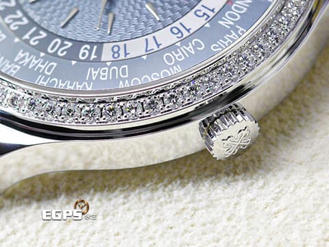 Patek philippe 百達翡麗 PP錶 Complications 複雜功能時計 World Time 世界時區 7130G-016  原鑲鑽圈 灰藍色中央雕紋面盤 18K白金材質 7130 G 2025年3月保單 自動上鍊 36mm