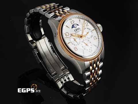 ORIS 豪利時 Big Crown Complication 大錶冠系列 01 582 7678 4361-07 8 20 32 玫瑰金PVD塗層不鏽鋼 半金款 月相盈虧 星期日期 兩地時間 2025年保卡 自動上鍊 40mm