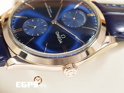 OMEGA 歐米茄 De Ville 碟飛 Trésor Power Reserve 動能顯示 小秒針 43553402203001 藍色放射紋面盤 玫瑰金 2023年保單 同軸擒縱 手上鍊 40mm