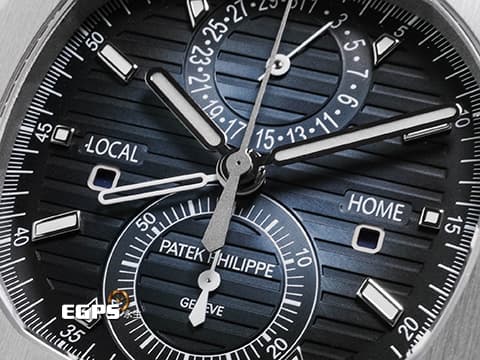 Patek Philippe 百達翡麗 PP錶 Nautilus Travel Time Flyback Chronograph 金鷹 鸚鵡螺 5990/1A-011&nbsp;藍色漸層橫條紋面盤&nbsp;兩地時區 飛返 計時碼錶 不鏽鋼 新一代鋼王&nbsp;2026年保單&nbsp;自動上鏈 40.5mm