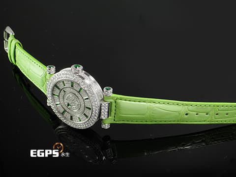 FRANCK MULLER 法蘭穆勒 Double Mystery 雙重神秘 DM39D2RCD 18K白金材質 原廠鑲鑽 滿天星鑽石面盤（共652顆寶石） 綠色寶石指針、時標  新錶訂價約：2,584,000元 自動上鍊 39mm