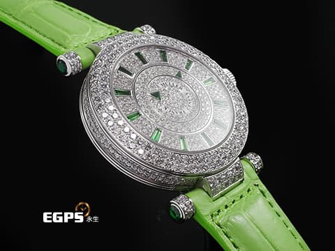 FRANCK MULLER 法蘭穆勒 Double Mystery 雙重神秘 DM39D2RCD 18K白金材質 原廠鑲鑽 滿天星鑽石面盤（共652顆寶石） 綠色寶石指針、時標  新錶訂價約：2,584,000元 自動上鍊 39mm
