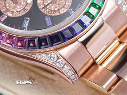 ROLEX 勞力士 DAYTONA 迪通拿 116505 <font color="#ff8647">18K玫瑰金材質</font> 鍊帶款 計時碼表 自動上鍊 精鑲漸層彩紅色寶石於錶圈及時標 精鑲鑽石於錶耳及護肩 <font color="#FF0000">看不到也買不到的116595 RBOW彩紅寶石圈，現在只以一百多萬便能擁有迷倒眾人的彩虹圈，還不趕快過來賞錶！！</font>自動上鍊&nbsp;40mm