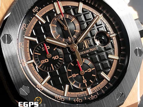 Audemars Piguet 愛彼 AP錶 Royal Oak Offshore 2019年新卡 皇家橡樹 離岸型 ROO 計時碼表 26401 RO 玫瑰金 大金貓&nbsp;26401RO.OO.A002CA.02 搭配原廠黑色紡織紋橡膠錶帶 陶瓷框&nbsp;自動上鍊 44mm