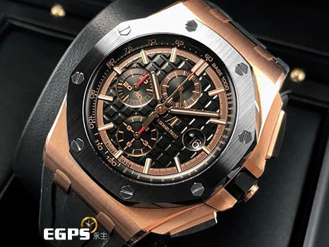 Audemars Piguet 愛彼 AP錶 Royal Oak Offshore 2019年新卡 皇家橡樹 離岸型 ROO 計時碼表 26401 RO 玫瑰金 大金貓&nbsp;26401RO.OO.A002CA.02 搭配原廠黑色紡織紋橡膠錶帶 陶瓷框&nbsp;自動上鍊 44mm