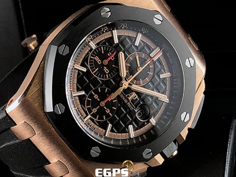 Audemars Piguet 愛彼 AP錶 Royal Oak Offshore 2019年新卡 皇家橡樹 離岸型 ROO 計時碼表 26401 RO 玫瑰金 大金貓&nbsp;26401RO.OO.A002CA.02 搭配原廠黑色紡織紋橡膠錶帶 陶瓷框&nbsp;自動上鍊 44mm