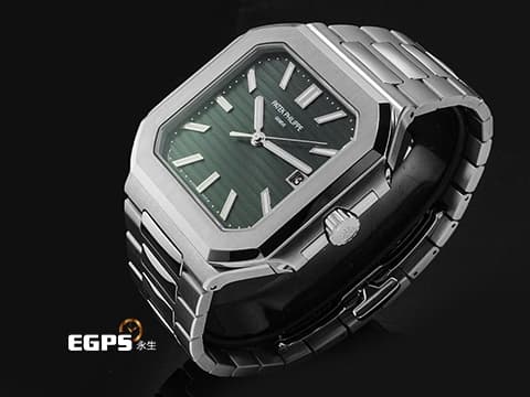 Patek Philippe 百達翡麗 PP Cubitus 5821/1A-001 不鏽鋼材質&nbsp;綠色橫條浮雕日輝紋面盤&nbsp;大三針&nbsp;方形圓角錶殼 橄欖綠 2026年保單  自動上鍊 45mm