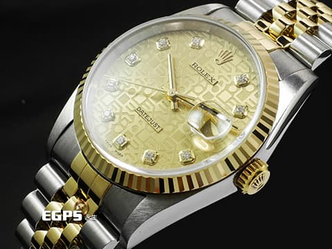 ROLEX 勞力士 DATEJUST 16233 蠔式日誌型 18K黃金 半金款 原廠鑲嵌鑽石時標 香檳金色紀念型面盤&nbsp;經典&nbsp;自動上鍊 36mm