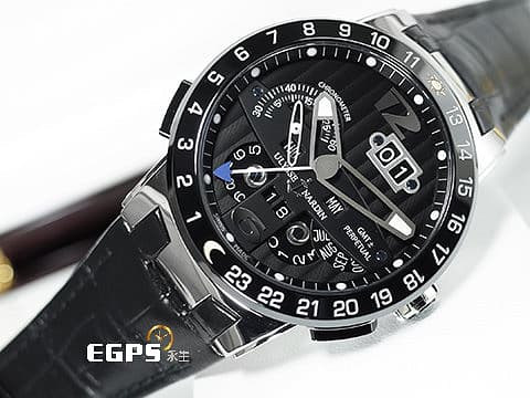 ULYSSE NARDIN 雅典 El Toro 挑戰者萬年曆腕錶 320-00 18K白金材質 黑色陶瓷圈 黑色繩索紋面盤 GMT 大日期窗 自動上鍊 萬年曆超級複雜功能腕錶 附原廠膠帶及膠帶專用錶扣&nbsp;43mm