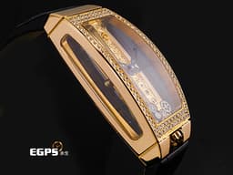 CORUM 崑崙 Gold Bridge 金橋 113.102.85&nbsp;經典 酒桶型 <font color="#fbcf32">18K玫瑰金材質 雙側邊全透視錶殼 全鏤空設計</font>&nbsp;<font color="#05f0f0">原廠鑲嵌168顆鑽石錶圈（約0.65克拉）</font><font color="#ff0000">酒桶型錶殼線條流暢 當代美學 新錶訂價：約1,595,700元台幣</font> 手上鍊 34x51mm