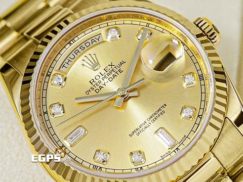 ROLEX 勞力士 Day-Date 36 蠔式 星期日曆型 118238A 原廠鑽石時標 皇帝金色面盤 18K黃金材質 DD36 經典三角坑紋錶圈 118238 A 元首型（President）錶帶 總統帶 自動上鍊 36mm