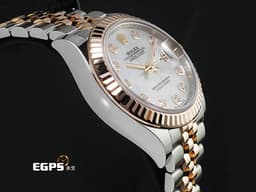 ROLEX 勞力士 Lady-Datejust 28 永恆玫瑰金 279171 18K玫瑰金材質 半金款 <font color="#05f0f0">原廠鑲嵌鑽石時標 白色珍珠貝母面盤</font> <font color="#ff0000">2026年保卡   紀念型五珠錶帶</font>&nbsp;自動上鍊 28mm