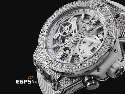 Hublot 宇舶 BIG BANG 大爆炸 Unico Titanium&nbsp;441.NE.2011.RW.1704 鈦金屬材質 原廠鑲嵌170顆鑽石錶殼（共0.8克拉） 126顆鑽石錶圈（共1.1克拉） 2024年電子保單 飛返計時碼錶 自動上鍊 42mm