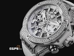 Hublot 宇舶 BIG BANG 大爆炸 Unico Titanium&nbsp;441.NE.2011.RW.1704 鈦金屬材質 <font color="#05f0f0">原廠鑲嵌170顆鑽石錶殼（共0.8克拉） 126顆鑽石錶圈（共1.1克拉）</font> <font color="#ff0000">2024年電子保單</font> 飛返計時碼錶 自動上鍊 42mm
