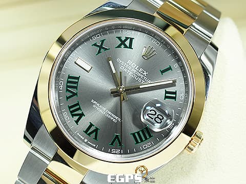 ROLEX 勞力士 Datejust 41 蠔式日誌型 126303 石板灰色面盤搭配綠色羅馬數字時標 溫布頓 DJ41 半金款 18K黃金 2024年保單 蠔式（Oyster）三節板帶 自動上鍊 41mm