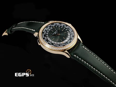 Patek philippe 百達翡麗 PP錶 Complications 複雜功能時計 World Time 世界時區 7130R-014 18K玫瑰金材質&nbsp;&nbsp;原廠鑲嵌89顆鑽石（1.09 克拉）錶圈、錶扣&nbsp;綠色手工雕紋面盤 2025年保單 新錶訂價：2,038,000元 自動上鍊 36mm