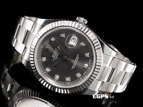 ROLEX 勞力士 DATEJUST II 116334 蠔式日誌型 銀灰色面盤 原鑲鑽石時標 白K金三角坑紋錶圈 銀灰色面盤 原鑲鑽石時標&nbsp;&nbsp;台灣公司貨 自動上鍊 41mm
