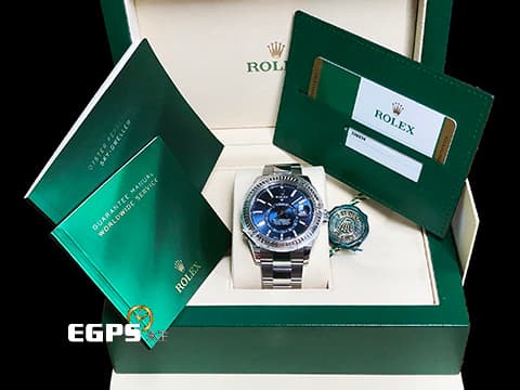 ROLEX 勞力士 Sky-Dweller 蠔式 天行者 326934 亮藍色面盤 沙羅系統 年曆錶 兩地時區 經典三角坑紋錶圈 2019年保卡 蠔式（Oyster）三節錶帶 自動上鍊 42mm