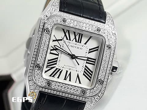 CARTIER 卡地亞 Santos 100 山度士 中型 白色面盤 精鑲鑽框 黑色羅馬數字 經典大三針 2024年保單 自動上鏈 36mm